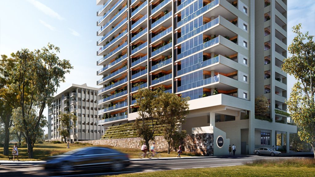 Image shows the bottom half of the exterior of the energy efficient LUMI apartments
