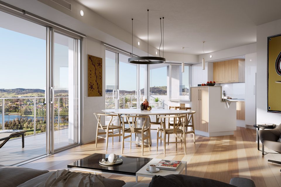 Image of the sun-filled living areas of an energy efficient apartment in Gungahlin.