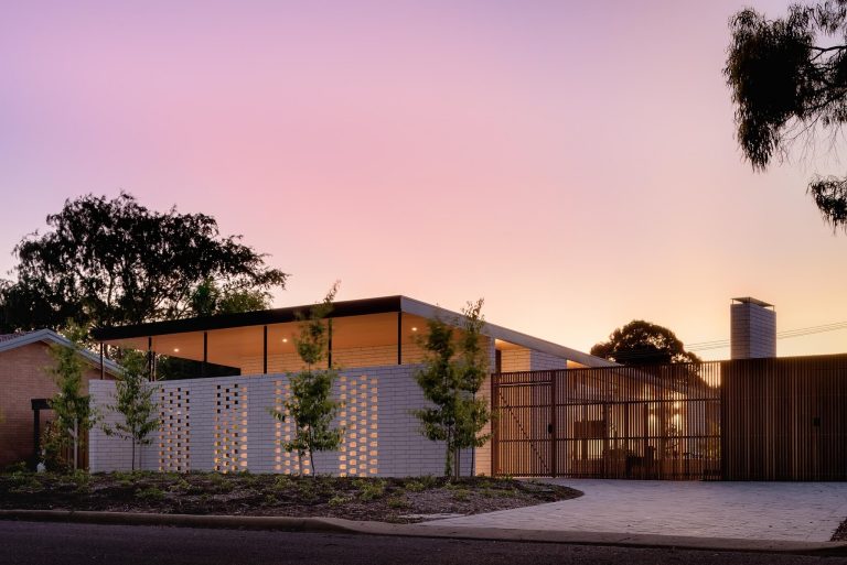 East view of the 7.6 star energy efficiency Kaleen House by Ben Walker Architects, showing no windows