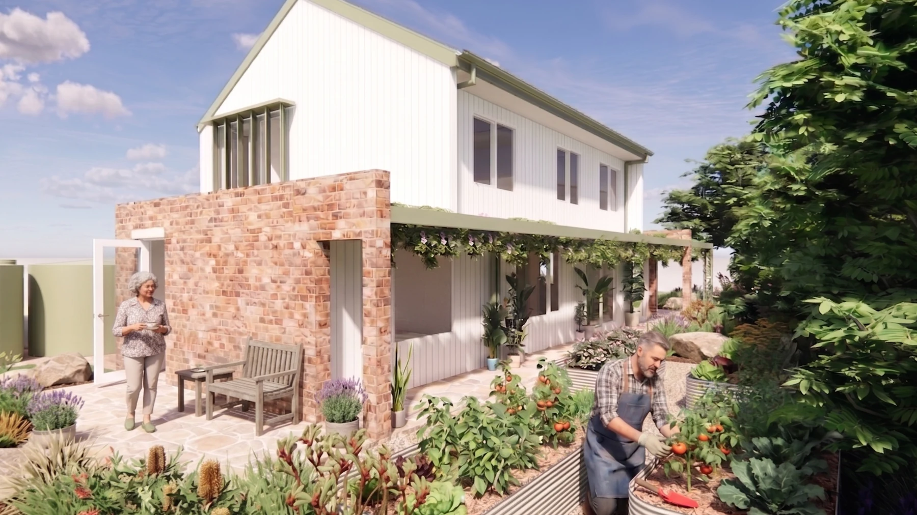 Productive garden and shaded outdoor living area integrated with the concept home