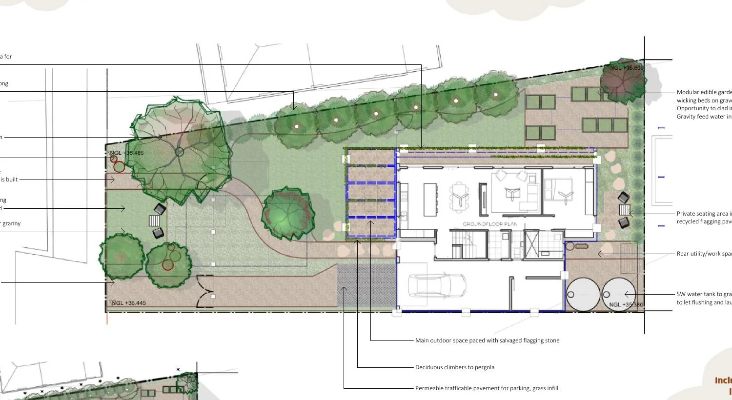 Landscape and site plan showing productive gardens, habitat, water and a future dwelling area