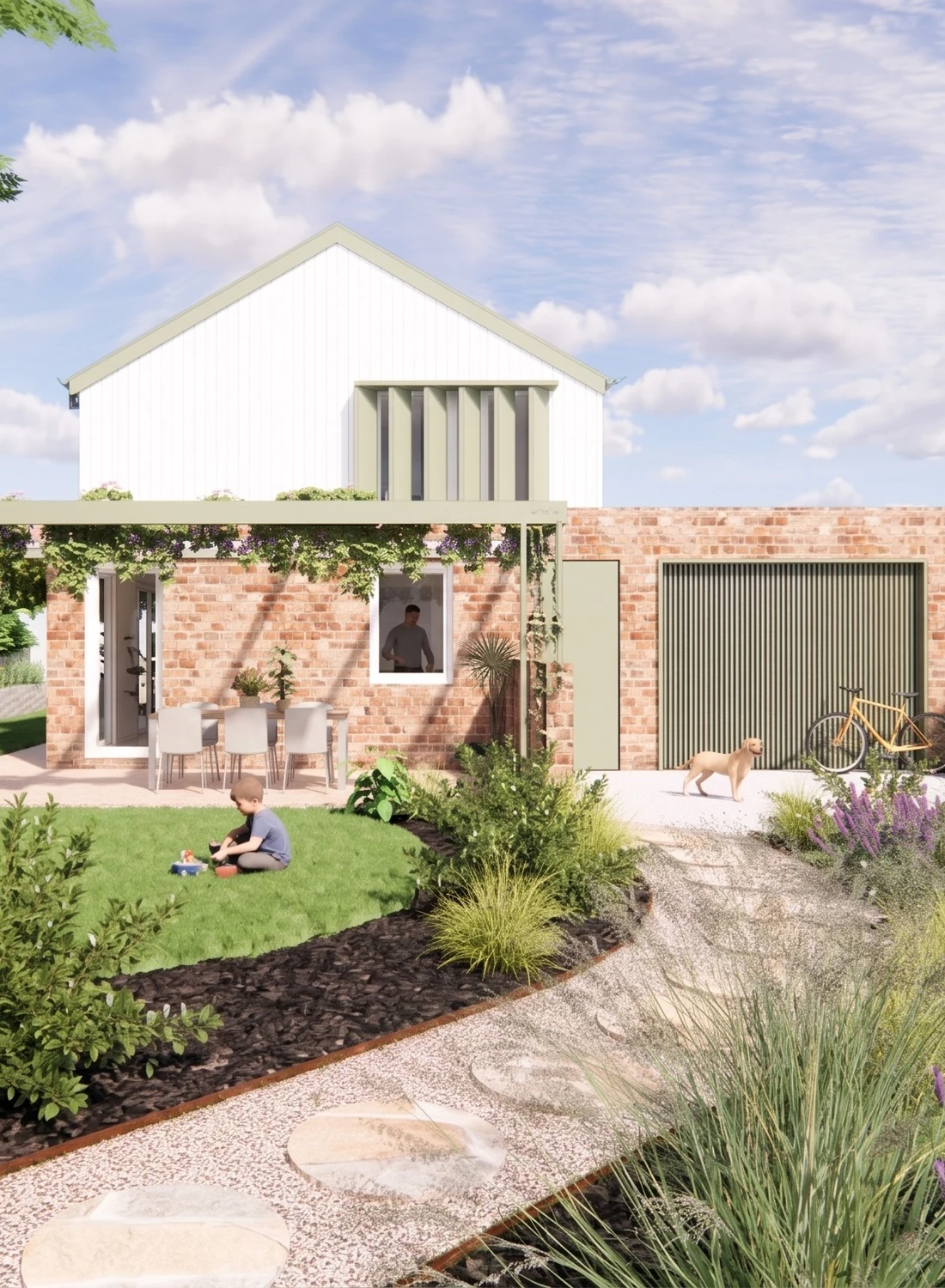Street view of the winning True Zero Carbon Challenge design with a compact masonry base and lightweight upper level